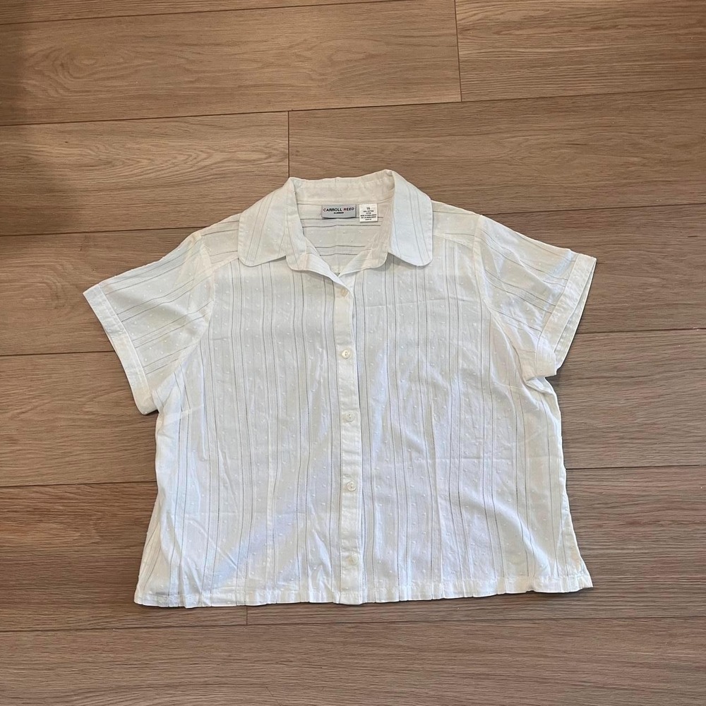 Vintage White Short Sleeve Cotton Button Front Blouse Women 10 Coastal Grandma